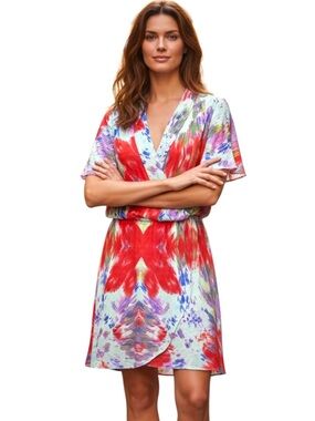 Collective Concepts Multi-color Short Butterfly Sleeve Faux Wrap Mini Dress (L)